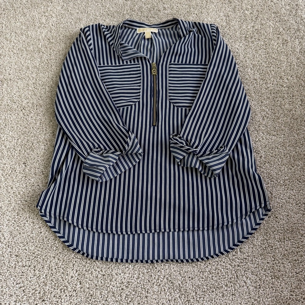 MICHAEL Michael Kors Blouse Womens M Blue Striped Henley 1/2 Zip Roll Tab Tunic